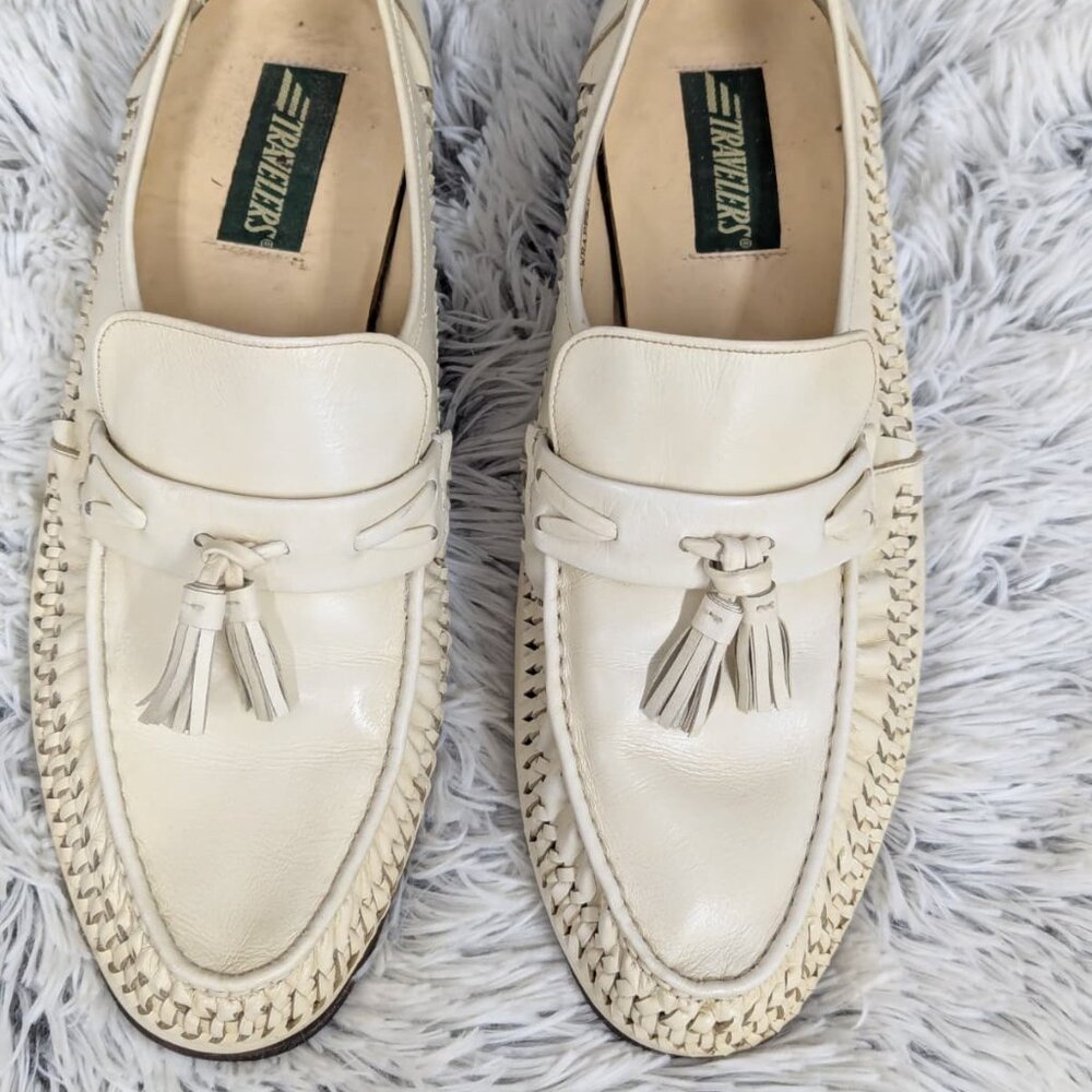 Vintage Travelers Leather Loafers Tassels Shoes Size 10 D Light Taupe Creme